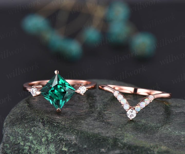 Vintage opal ring rose gold ring set 2pcs princess cut emerald engagement ring set moissanite ring bridal wedding set custom jewelry gift