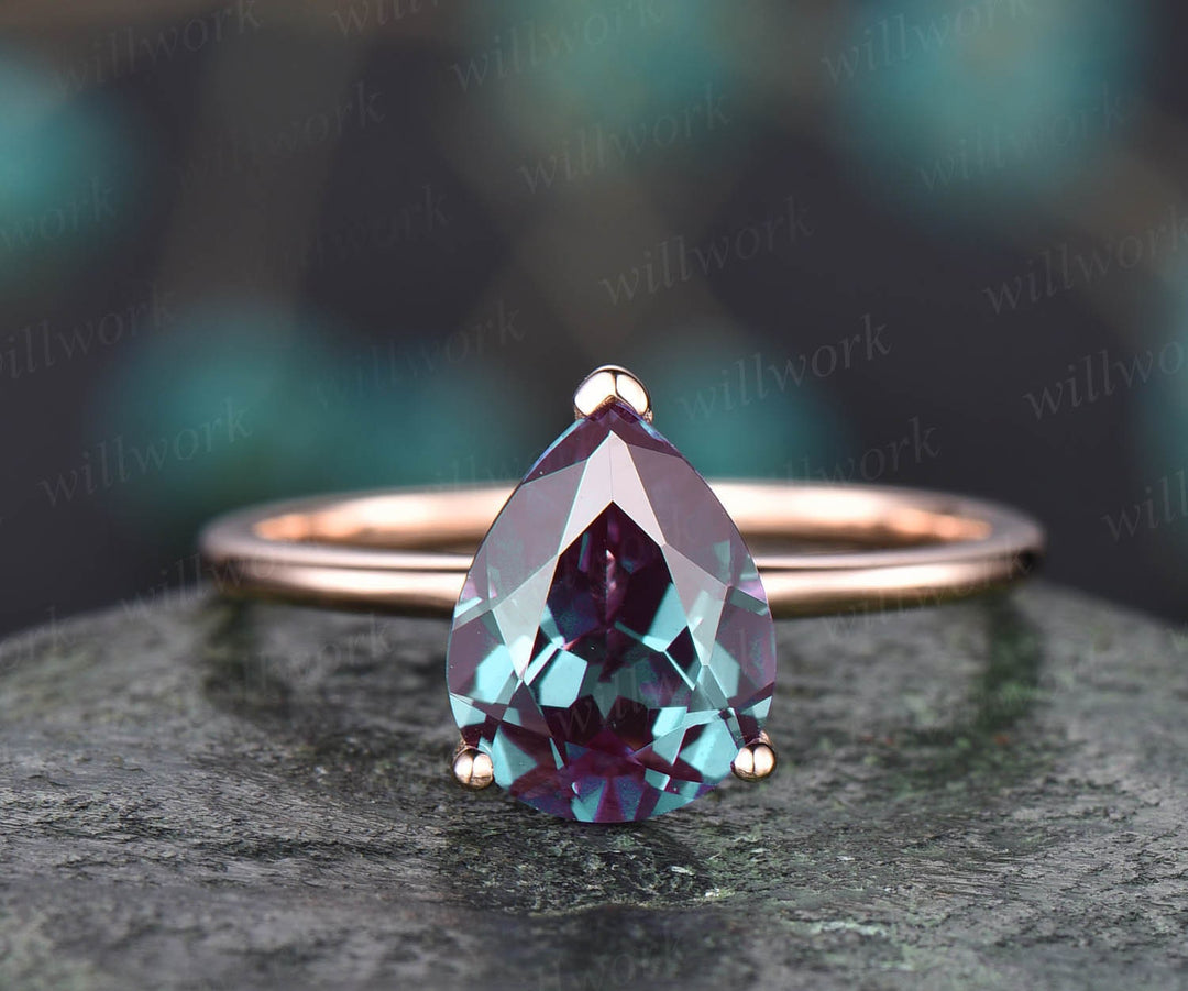 7x9mm pear Alexandrite solitaire ring solid rose gold ring Alexandrite engagement ring anniversary birthday gift wedding bridal ring jewelry