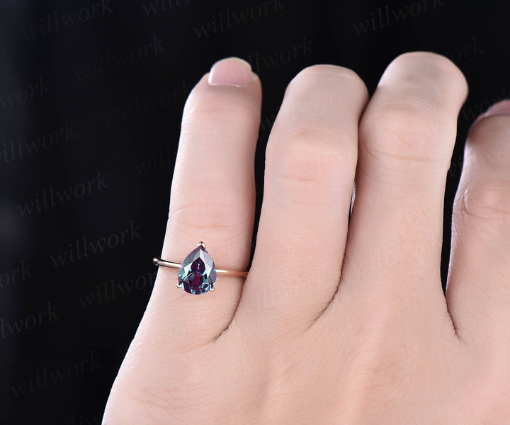 7x9mm pear Alexandrite solitaire ring solid rose gold ring Alexandrite engagement ring anniversary birthday gift wedding bridal ring jewelry