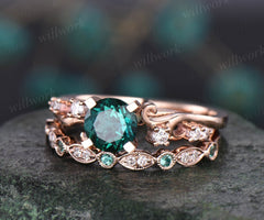 Emerald ring vintage 2pcs emerald engagement ring set 14k rose gold diamond ring unique gift natural emerald wedding band anniversary ring