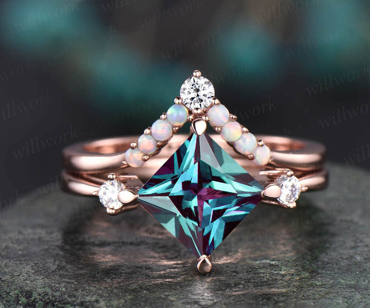 Vintage opal ring rose gold ring set 2pcs princess cut Alexandrite engagement ring set moissanite ring bridal wedding set custom jewelry