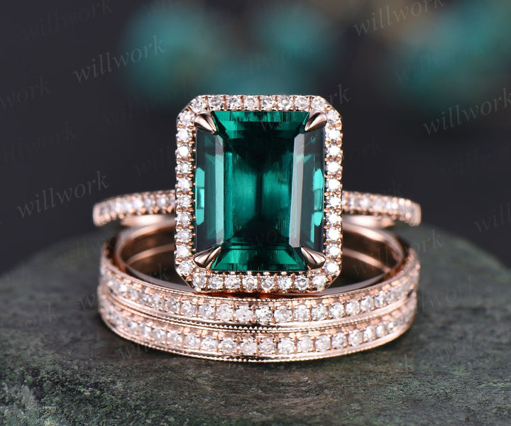 Unique bridal ring set emerald cut emerald engagement ring set vintage diamond ring set rose gold ring set for women Milgrain wedding ring