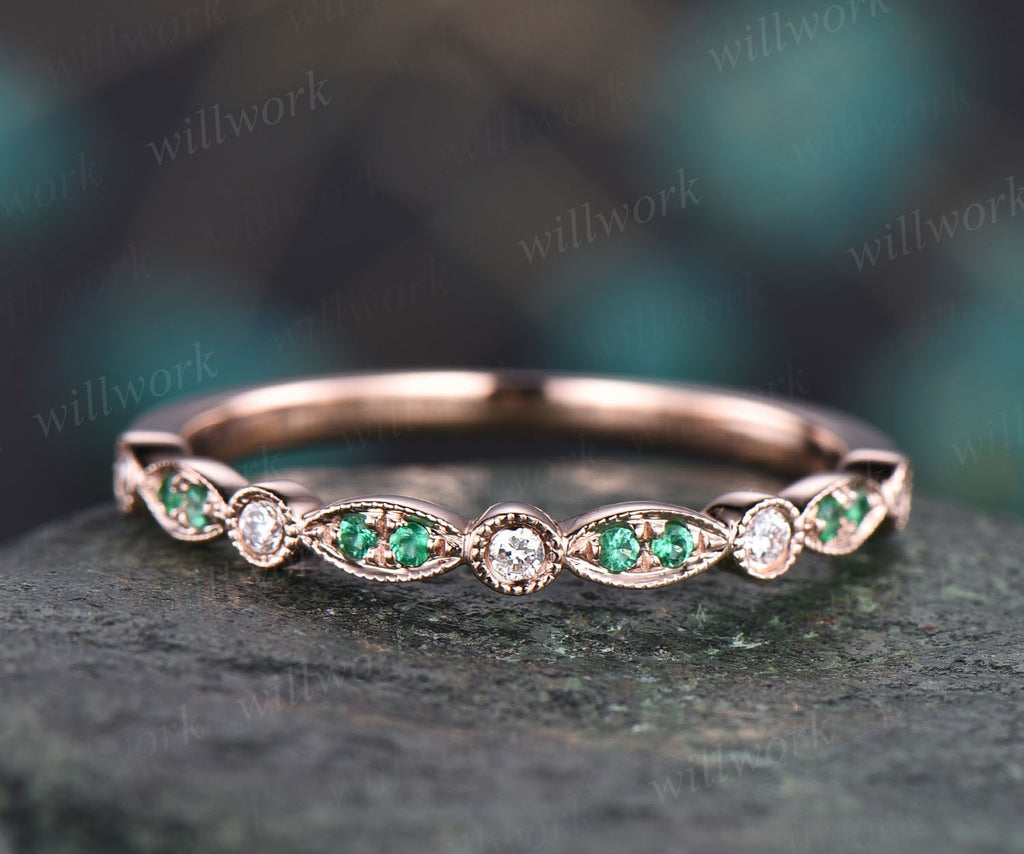 Natural emerald wedding band half eternity diamond wedding ring band v WILLWORK JEWELRY