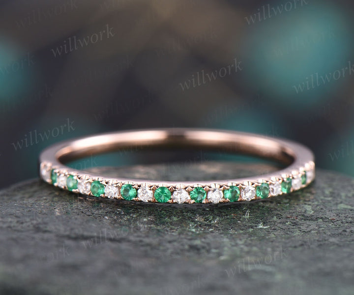 Unique natural emerald wedding band half eternity diamond wedding ring 14k rose gold emerald ring for women vintage May birthstone band gift