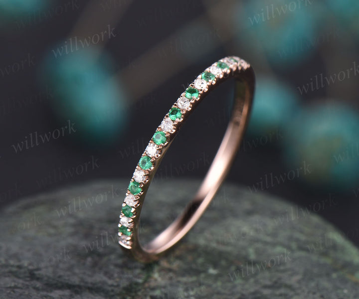Unique natural emerald wedding band half eternity diamond wedding ring 14k rose gold emerald ring for women vintage May birthstone band gift