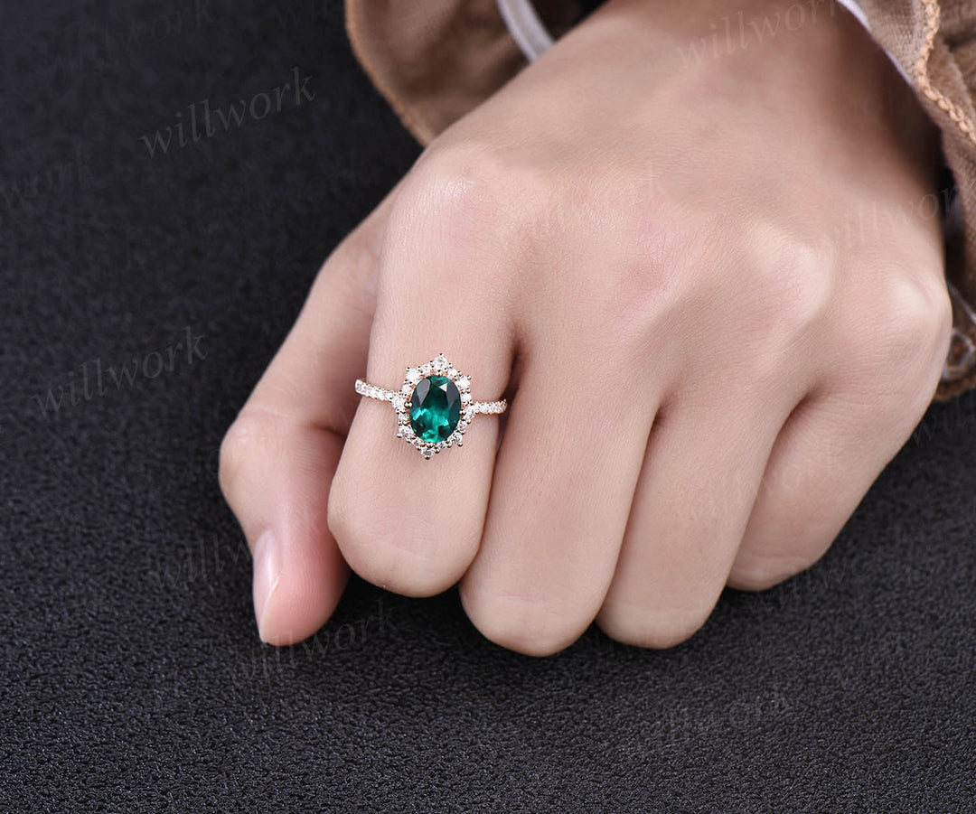 Rose gold ring vintage emerald engagement ring oval emerald rings for women May birthstone ring emerald jewelry bridal wedding promise ring