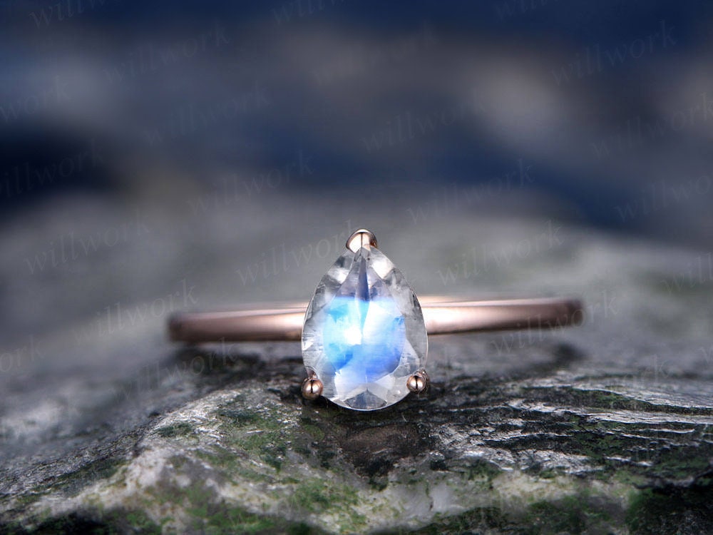 Natural moonstone ring gold vintage solitaire ring pear moonstone engagement ring 14k/18k rose gold June birthstone ring anniversary gift