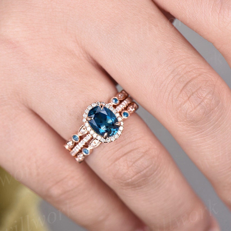 3pcs Oval London blue topaz engagement ring set 14k rose gold unique vintage halo diamond ring topaz wedding band November birthstone ring