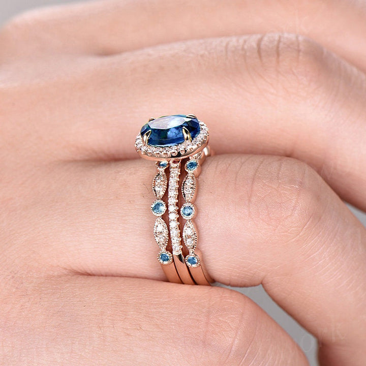 3pcs Oval London blue topaz engagement ring set 14k rose gold unique vintage halo diamond ring topaz wedding band November birthstone ring