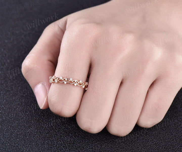 Unique antique vintage diamond wedding ring solid 14k rose gold wedding band stacking matching engagement ring graduation anniversary gift