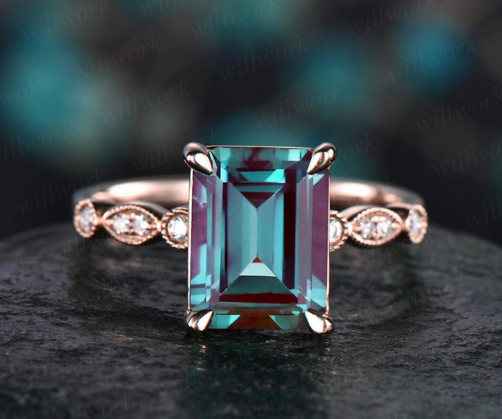 7x9mm emerald cut Alexandrite engagement ring diamond ring for women vintage unique art deco ring June birthstone ring Alexandrite jewelry