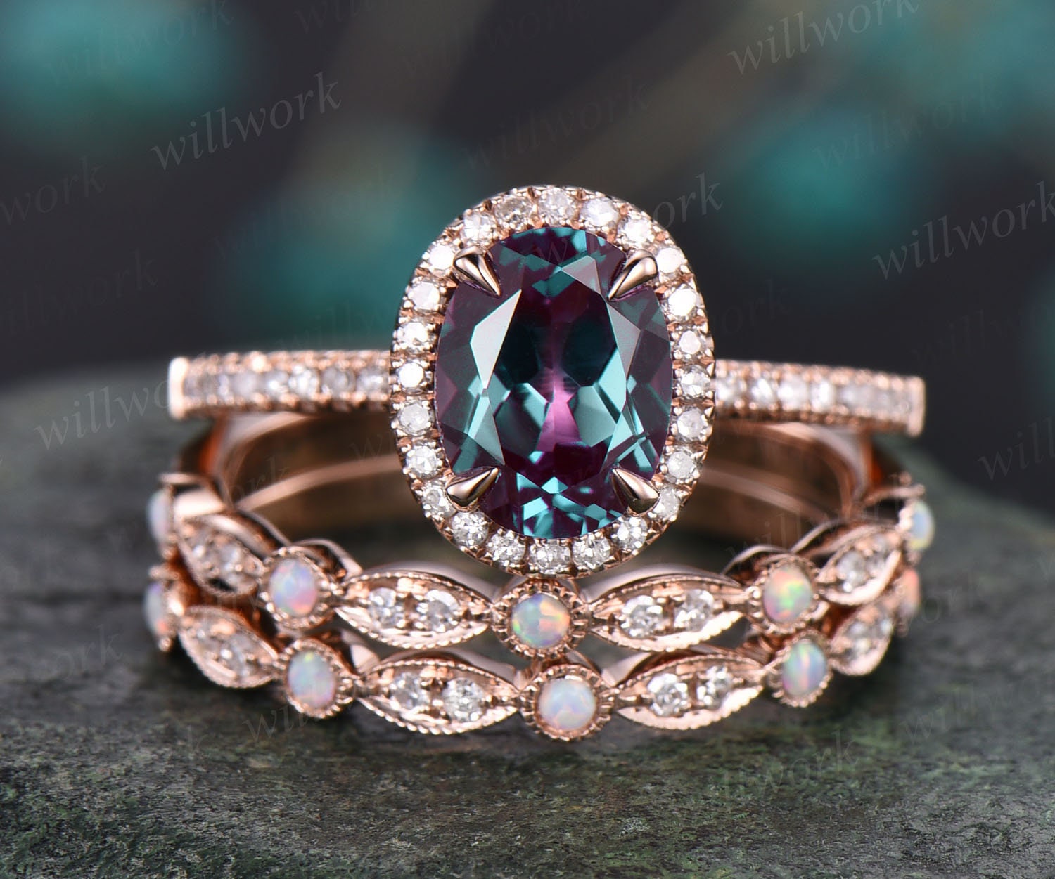 14K/18K Gold Pear Shaped Alexandrite Diamond Art Deco Color Change Engagement  Ring Set