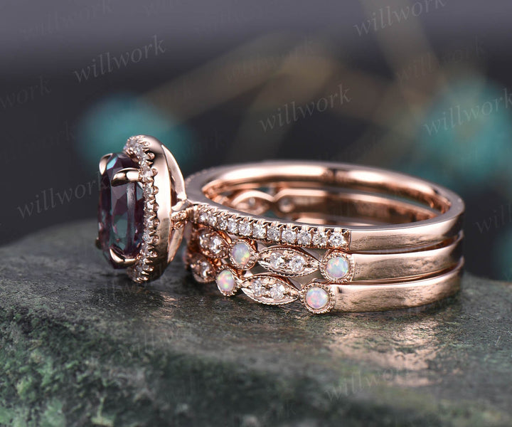 3pcs halo diamond ring oval color change Alexandrite engagement ring rose gold vintage opal ring opal wedding band women bridal ring set