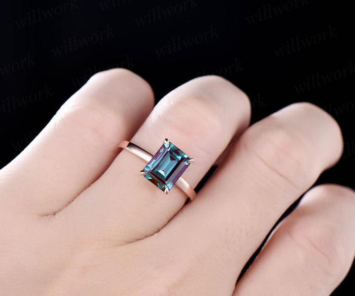6x8mm emerald cut Alexandrite engagement ring 14k/18k rose gold vintage unique solitaire engagement ring wedding anniversary gift for her