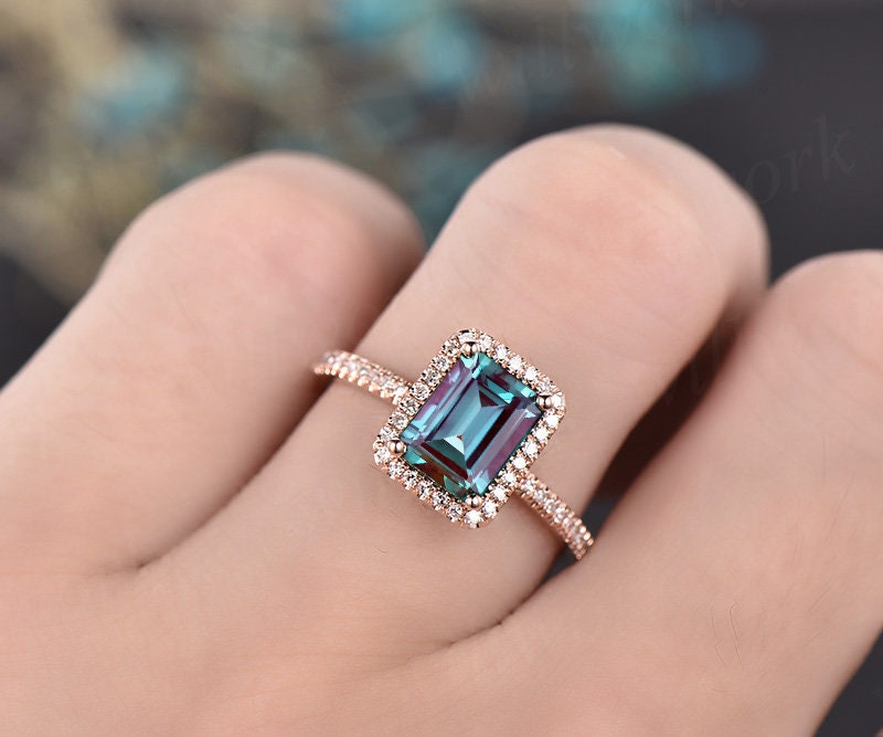 Vintage diamond halo ring 6x8mm emerald cut Alexandrite engagement ring rose gold color change Alexandrite ring June birthstone ring jewelry