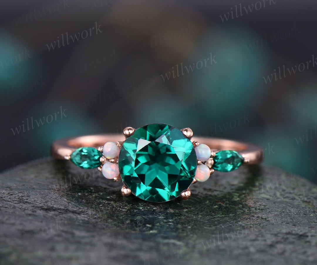 Vintage opal ring marquise emerald rings for women round emerald engagement ring rose gold May birthstone unique ring wedding bridal ring