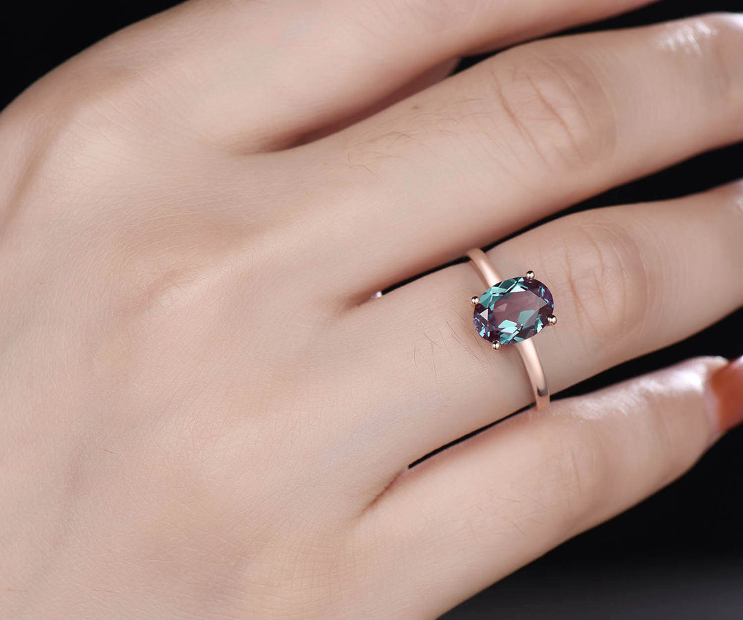 Solitaire engagement ring oval Alexandrite engagement ring Alexandrite ring vintage rose gold June birthstone ring for women jewelry gift