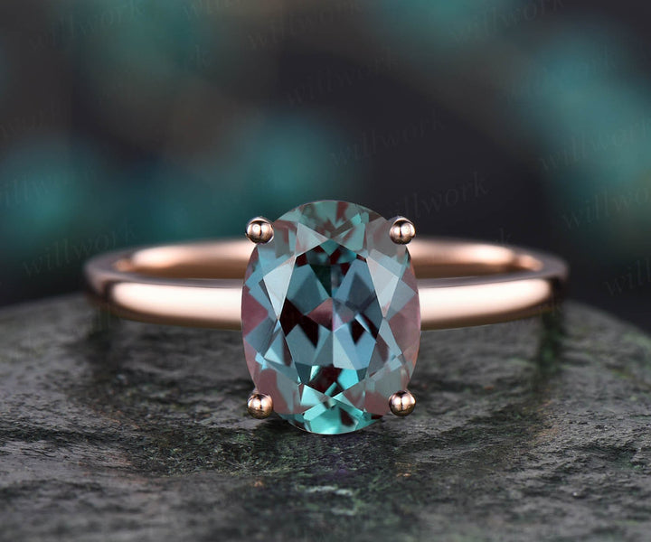 Solitaire engagement ring oval Alexandrite engagement ring Alexandrite ring vintage rose gold June birthstone ring for women jewelry gift