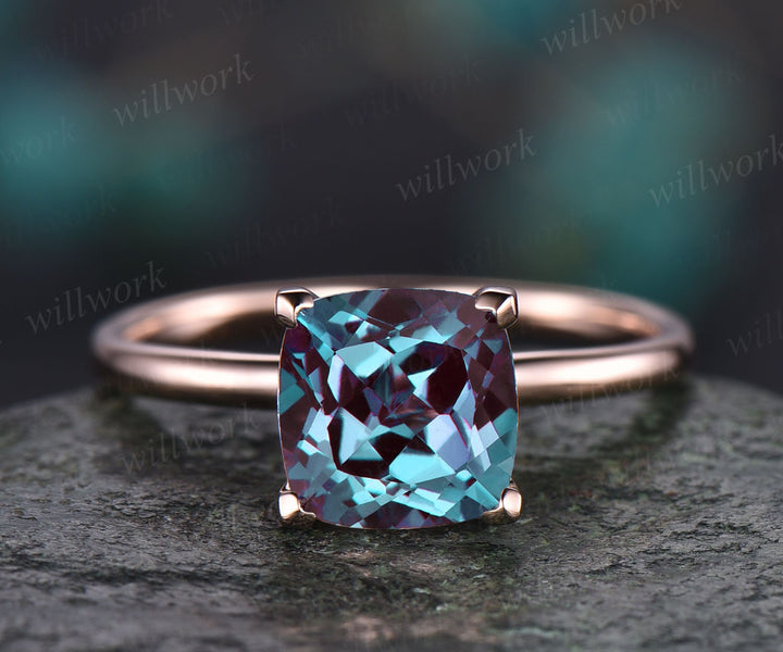 7mm cushion Alexandrite engagement ring vintage Alexandrite ring for women rose gold stacking solitaire ring custom jewelry birthstone ring