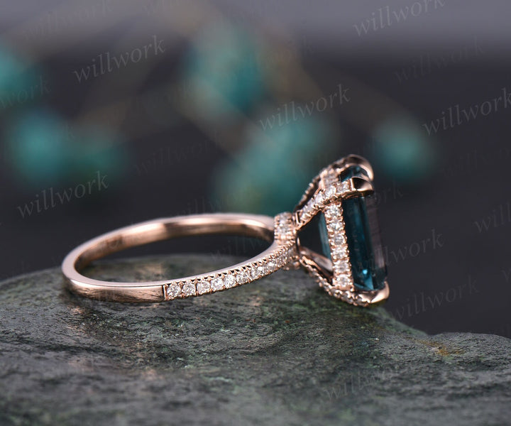 Emerald cut Alexandrite engagement ring under halo basket diamond ring for women rose gold vintage unique engagement ring wedding ring gift