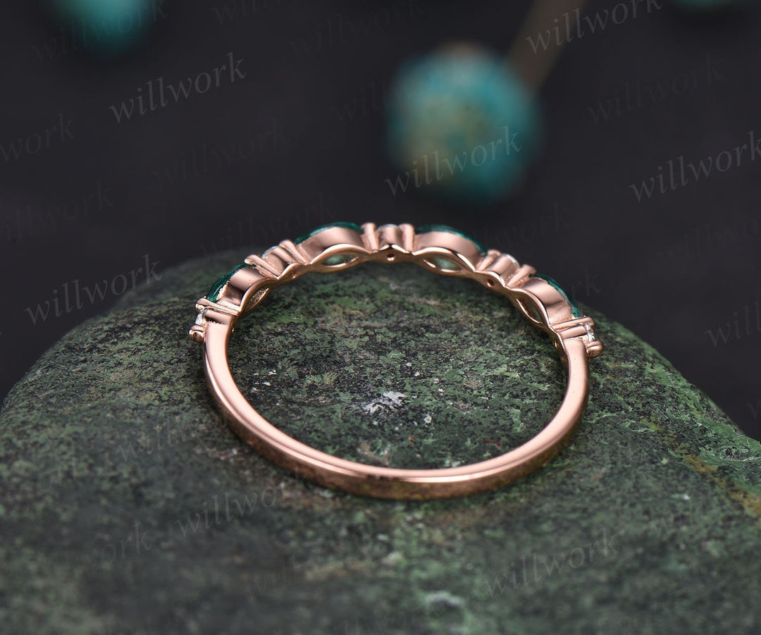 Marquise emerald ring emerald wedding band real diamond wedding ring band diamond ring for women 14k rose gold unique vintage ring gift