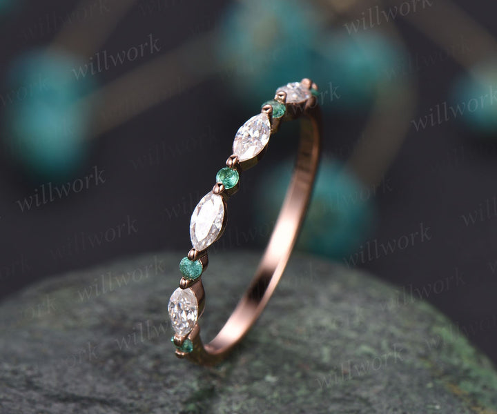 Marquise moissanite ring natural emerald ring for women 14k rose gold band emerald wedding band anniversary ring May birthstone jewelry