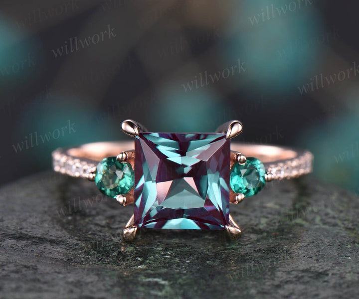 Unique vintage princess cut engagement ring three stone ring emerald ring color change Alexandrite engagement ring rose gold diamond ring