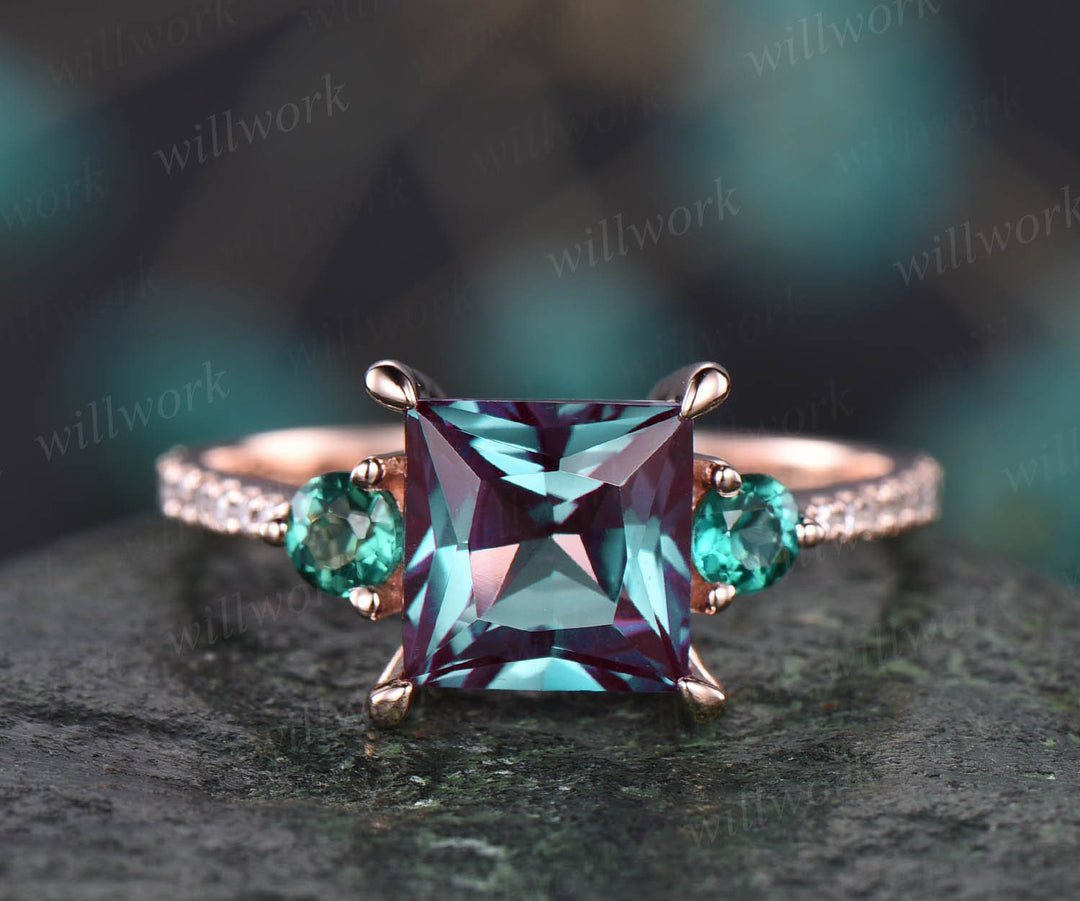 Princess cut Alexandrite engagement ring rose gold unique Square engagement ring for women diamond emerald ring vintage promise wedding ring