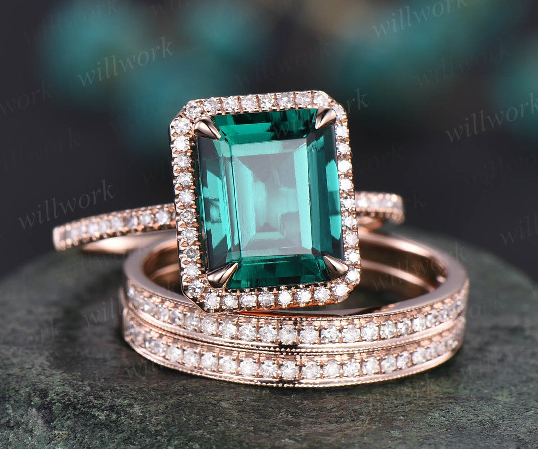 Emerald cut emerald engagement ring set