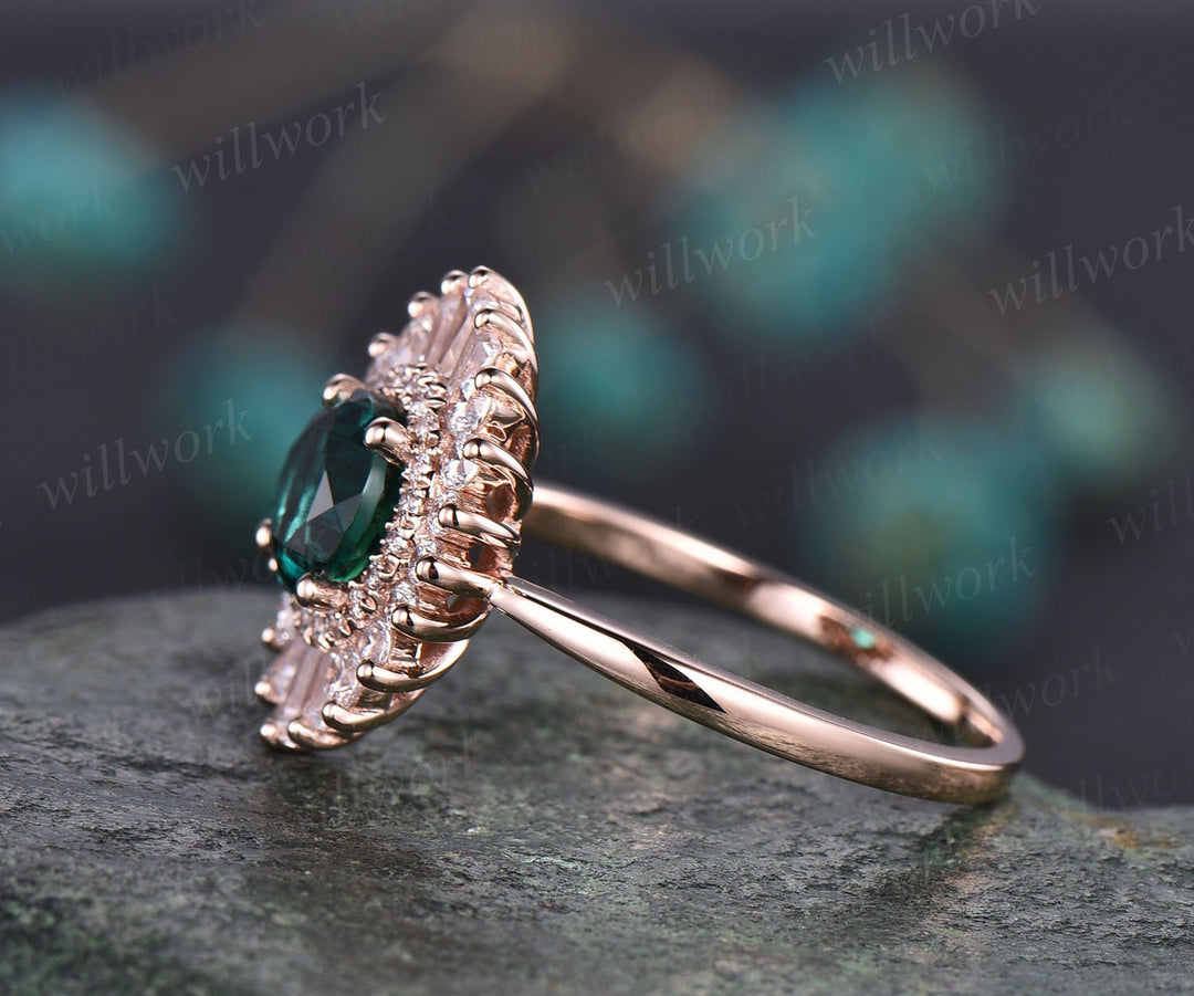 Unique vintage engagement ring round green emerald engagement ring 14k rose gold May birthesotne ring CZ halo cluster ring gift for her