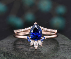 Pear sapphire wedding bridal set 2pc sapphire engagement ring set rose gold marquise moissanite ring natural sapphire wedding band for women
