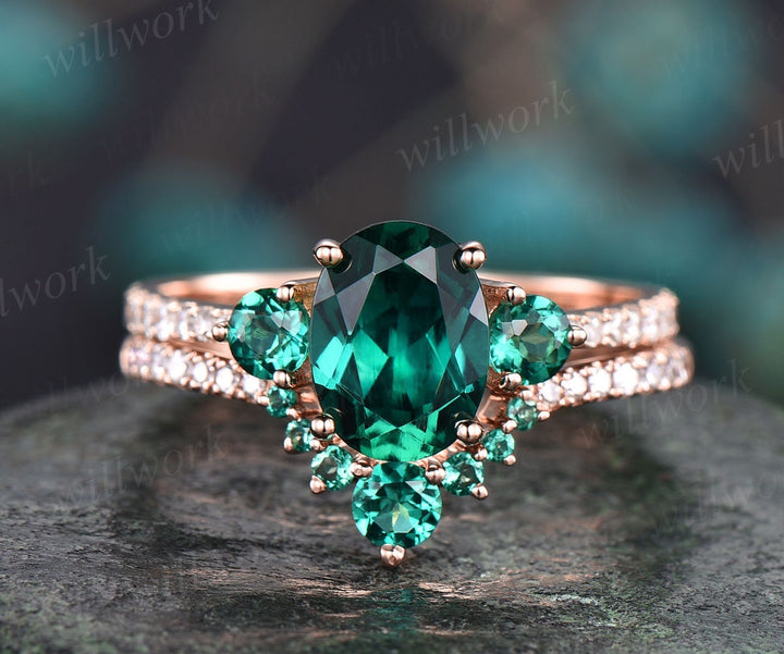 Oval emerald engagement ring set for women vintage emerald bridal set solid rose gold unique dainty jewelry wedding ring diamond ring gift