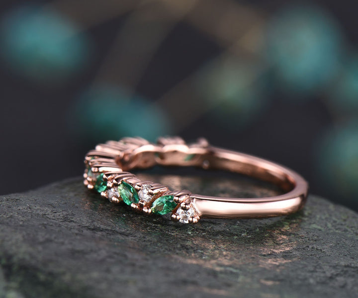 Marquise emerald ring for women vintage solid 14k rose gold ring dainty jewelry moissanite wedding ring emerald wedding band bridal ring