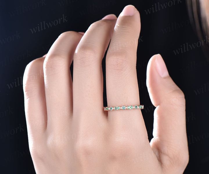Natural emerald ring vintage art deco half eternity natural emerald wedding band for women solid 14k rose gold ring emerald jewelry gift