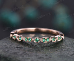 Natural emerald ring vintage art deco half eternity natural emerald wedding band for women solid 14k rose gold ring emerald jewelry gift