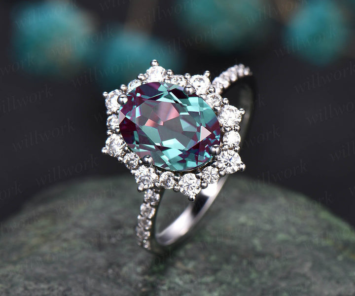 2ct Unique oval cut Alexandrite engagement ring white gold cluster halo moissanite ring antique half eternity wedding bridal ring for women