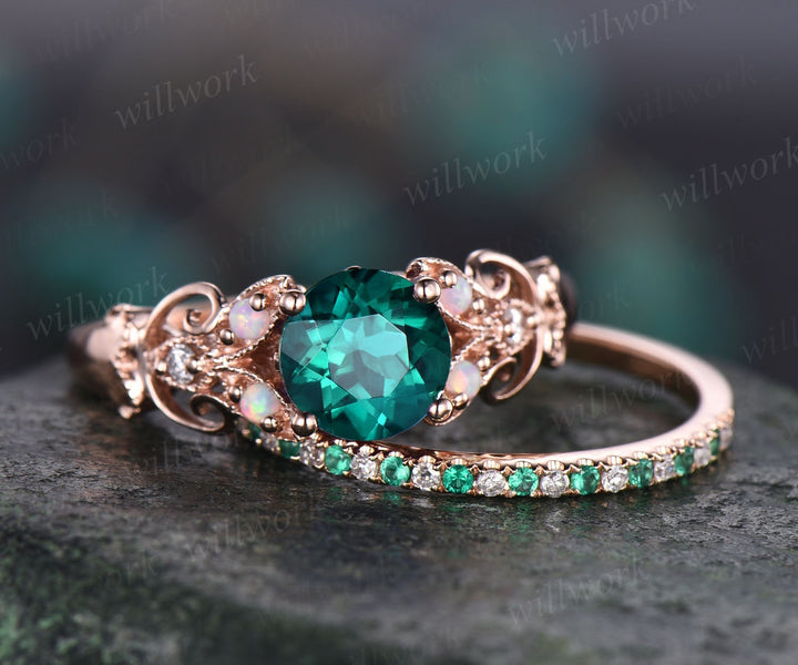 Vintage emerald engagement ring set unique opal ring for women rose gold natural emerald wedding band butterfly diamond ring bridal set gift