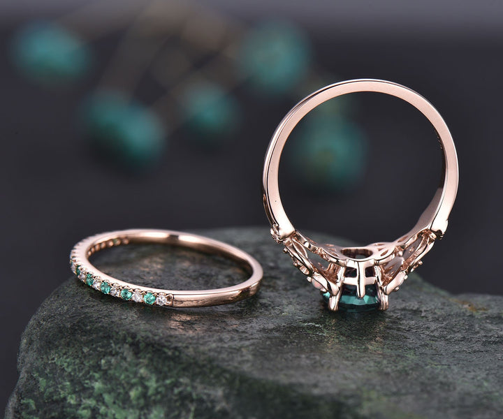 Vintage emerald engagement ring set unique opal ring for women rose gold natural emerald wedding band butterfly diamond ring bridal set gift