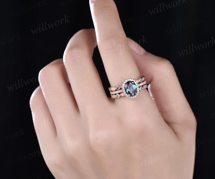 3pcs oval shaped Alexandrite engagement ring set for women full eternity diamond ring halo ring unique Alexandrite wedding band bridal set