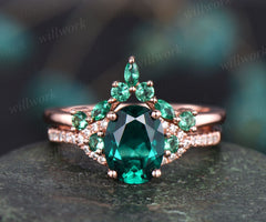 2pcs oval shaped emerald engagement ring set for women rsoe gold ring vintage art deco emerald wedding band unique bridal set diamond ring