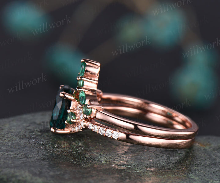 2pcs oval shaped emerald engagement ring set for women rsoe gold ring vintage art deco emerald wedding band unique bridal set diamond ring