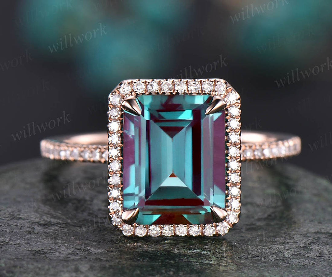 8x10mm emerald cut Alexandrite engagement ring diamond ring for women solid 14k rose gold ring June birthstone ring Alexandrite jewelry gift