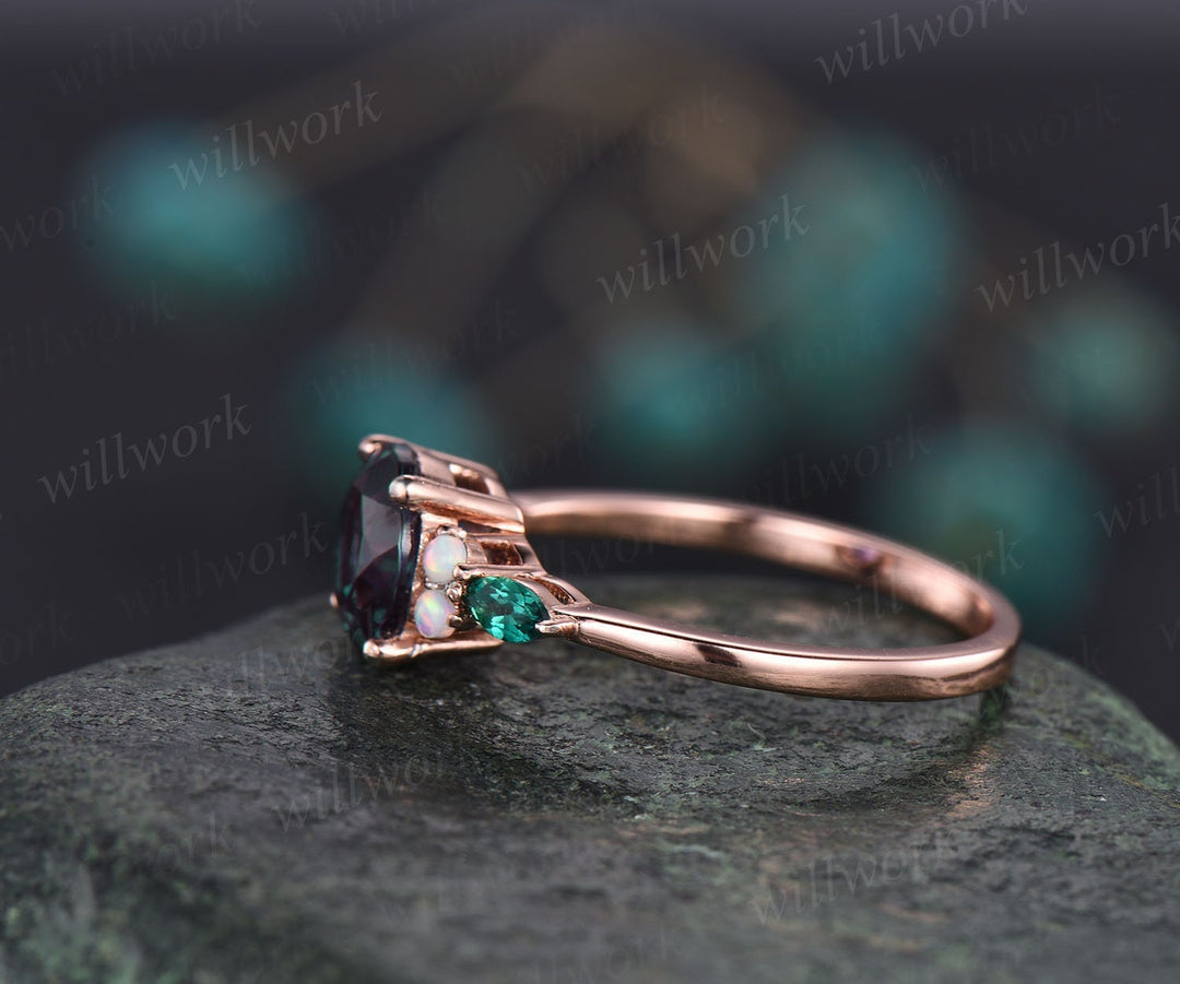 Round Alexandrite engagement ring vintage opal ring marquise emerald ring for women rose gold ring jewelry unique anniversary wedding ring