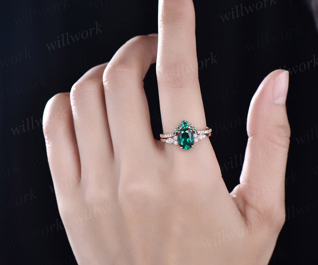 Vintage emerald engagement ring set 2pcs oval  emerald ring set for women opal ring diamond ring set rose gold emerald wedding bridal set