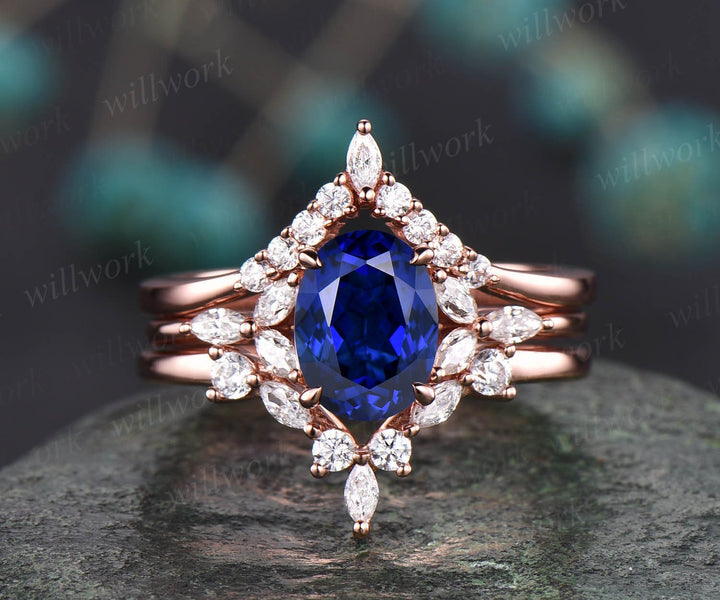 2pcs sapphire engagement ring sapphire ring for women vintage rose gold unique bridal set art deco best engagement ring moissanite jewelry