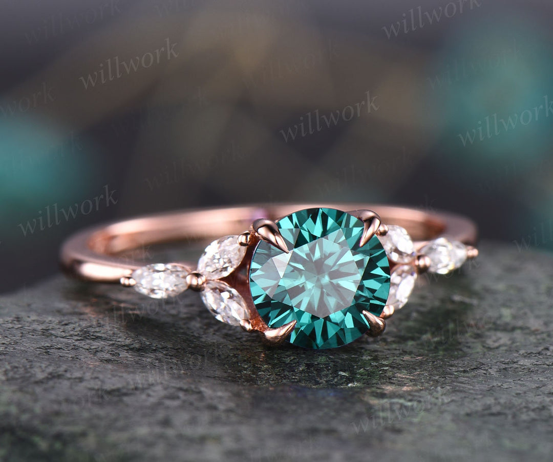 Round 1ct green moissanite engagement ring colorful moissanite ring for women vintage rose gold ring unique art deco best engagement ring