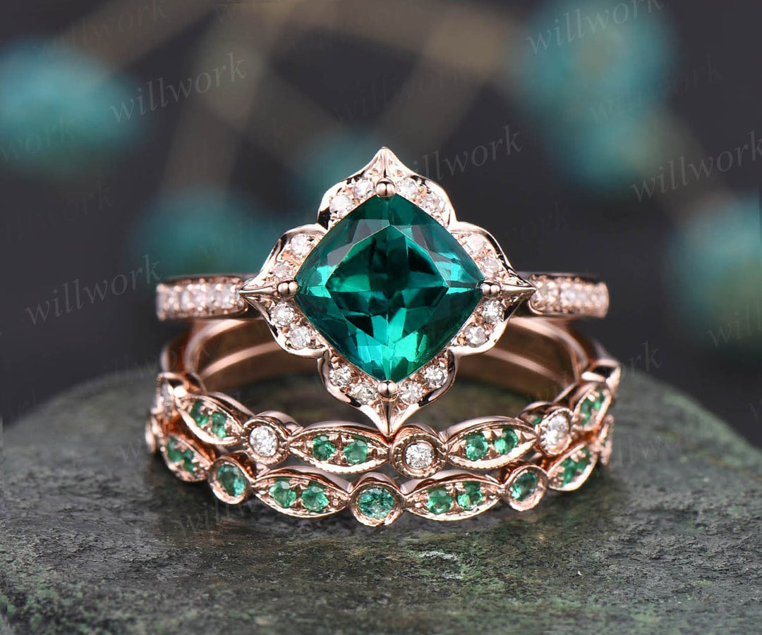Ged Skur flod Cushion emerald engagement ring set natural emerald ring for women ros –  WILLWORK JEWELRY