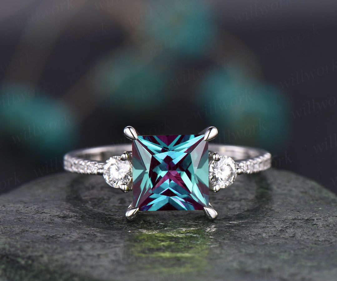 7mm princess cut Alexandrite engagement ring white gold moissanite ring for women dainty custom ring June birthstone ring promise ring her