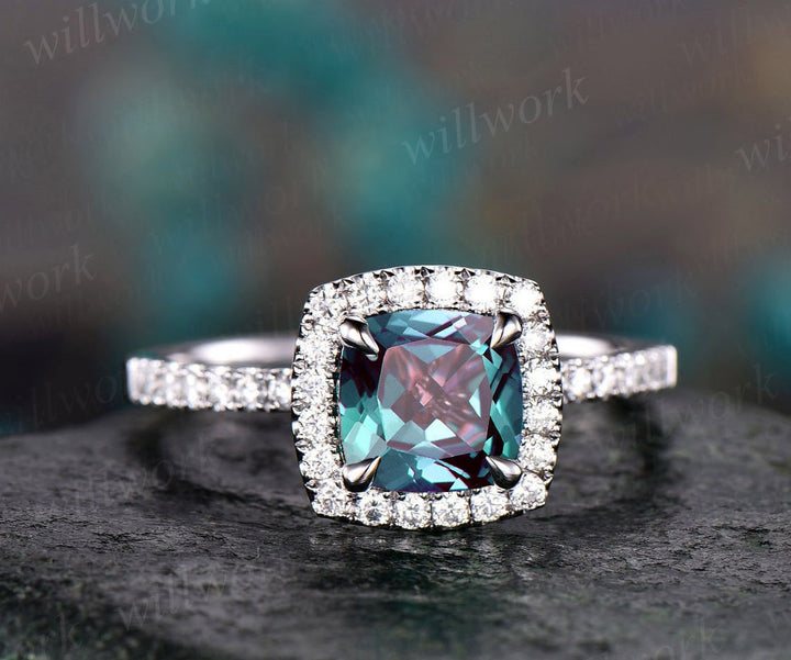 7mm cushion Alexandrite engagement ring white gold halo ring color change Alexandrite ring for women vintage rose gold dainty jewelry gift