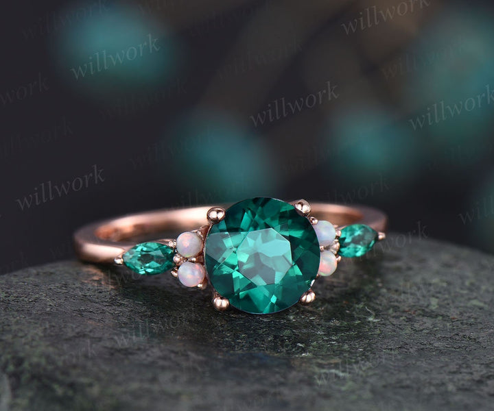 Vintage opal ring marquise emerald rings for women round emerald engagement ring rose gold May birthstone unique ring wedding bridal ring